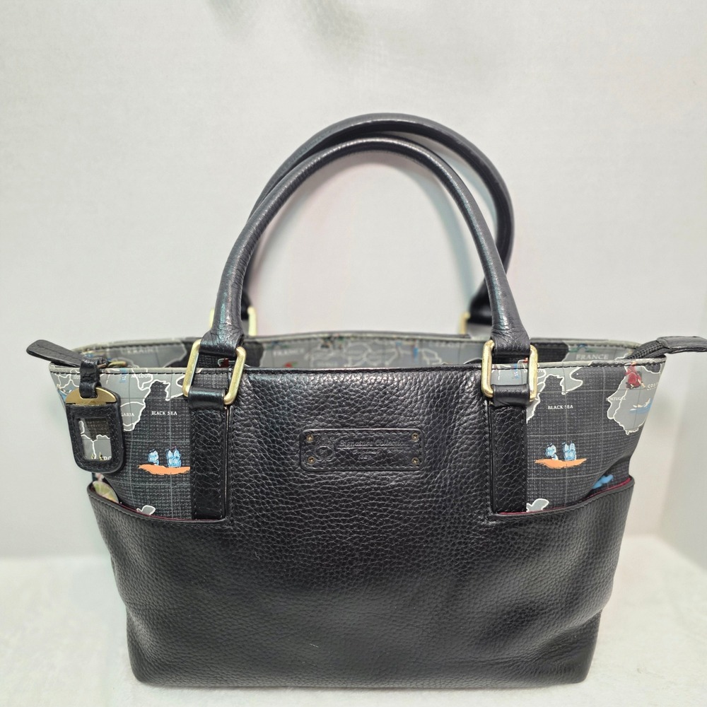 Sharif Signature Collection Black Pebbled Leather Map Print Tote‎ Bag Satchel